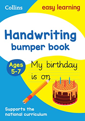 Blue handwriting practice book for ages 5-7 with a birthday cake.