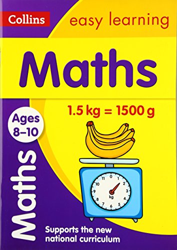 Bright yellow maths workbook for ages 8-10 with bananas and scales.