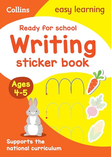 Children's writing sticker book with bunny, carrots, and letter tracing.