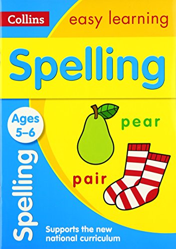 "Children's spelling workbook cover featuring illustrations of a pear and socks on blue and yellow background."