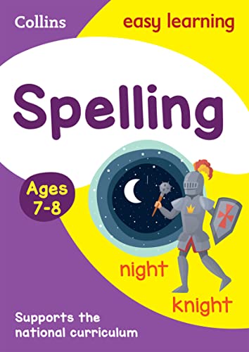Purple spelling workbook cover with a knight illustration, ages 7-8.