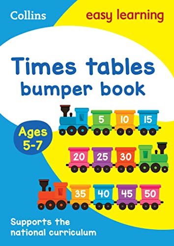 Times tables book cover with colorful trains displaying multiplication facts.