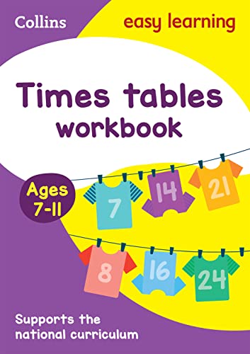 Colorful workbook cover for learning times tables, ages 7-11.