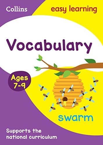 Purple vocabulary activity book for ages 7-9 with a bee and honeycomb.