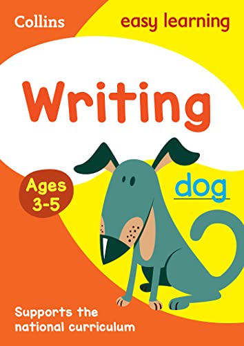 Preschool writing practice book with cartoon dog, ages 3-5.
