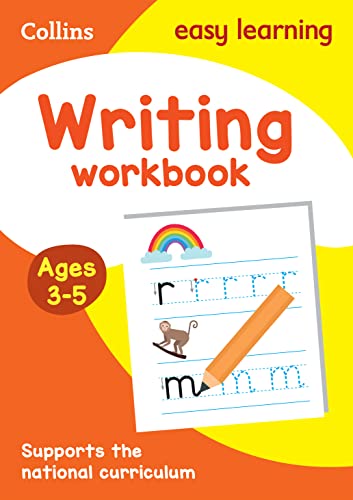 Collins Easy Learning writing workbook for ages 3-5 with monkey illustration.
