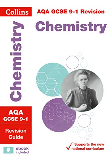 The image shows a book cover with a maroon and pink design. Alt text: Maroon and pink book cover with "AQA GCSE 9-1 Chemistry Revision Guide" text.