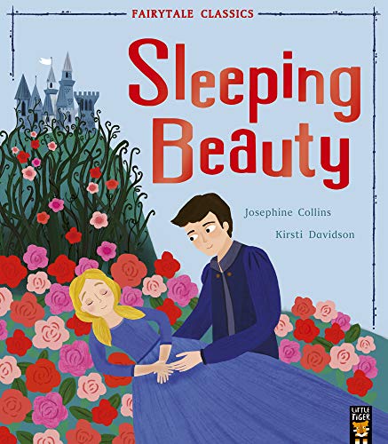 Book cover: Sleeping Beauty with prince, castle, and red flowers.