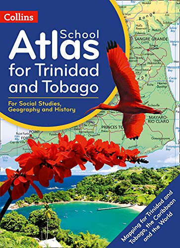 School atlas cover featuring a scarlet ibis, flowers, and Caribbean coastline.