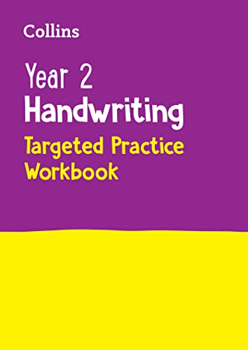 Purple and yellow workbook cover with "Year 2 Handwriting" text.