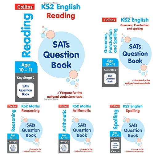 Collage of six colourful KS2 SATs question books by Collins, ages 10-11.