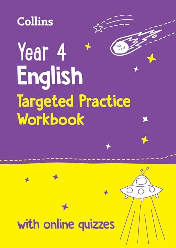 Purple and yellow workbook cover for Year 4 English practice, with space theme.