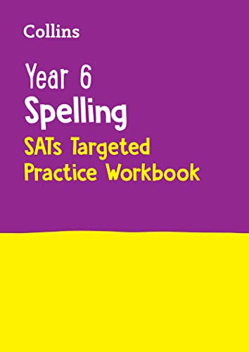 Purple and yellow cover of a Year 6 Spelling SATs practice workbook.