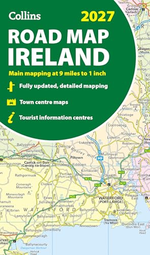 Collins 2027 Road Map of Ireland cover with text over a detailed road map.