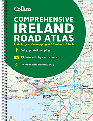 Spiral-bound Collins Comprehensive Ireland Road Atlas with a green cover overlaying a road map.