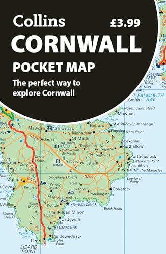 Collins Cornwall Pocket Map showing roads and coastal towns in green and red.