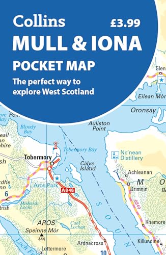 Collins pocket map of Mull and Iona, Scotland, showing roads and coastline.