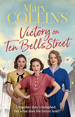 Book cover with three women in vintage dresses, street scene background.