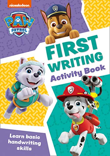 PAW Patrol characters on cover of a “First Writing Activity Book”.