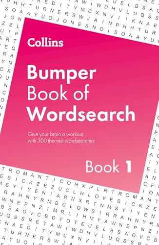 Pink cover of “Collins Bumper Book of Wordsearch Book 1” with white text.