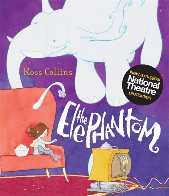 Book cover: large white elephant, girl on a red chair, purple background.