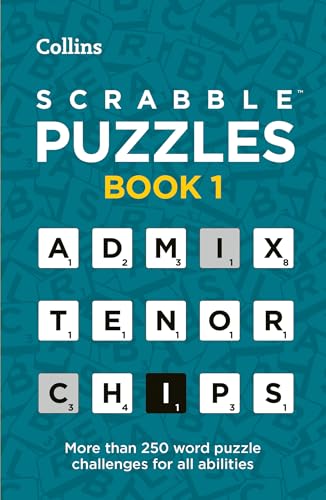 Book cover for "Scrabble Puzzles Book 1" with letter tiles and words.