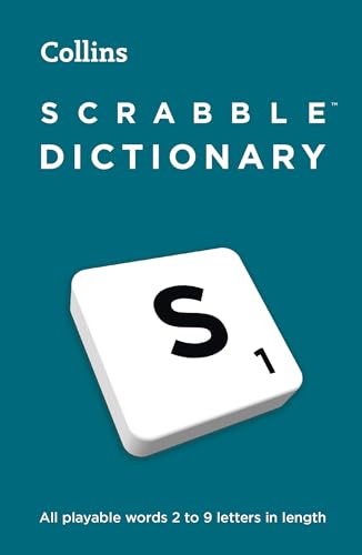 Blue book cover with "SCRABBLE DICTIONARY" text and a single Scrabble tile.