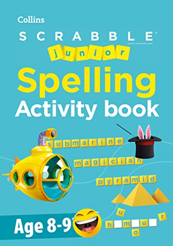 SCRABBLE Junior spelling activity book cover with yellow submarine and pyramid.