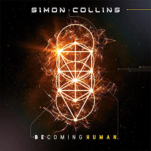 CD cover for "Becoming Human" by Simon Collins, featuring abstract glowing lines.