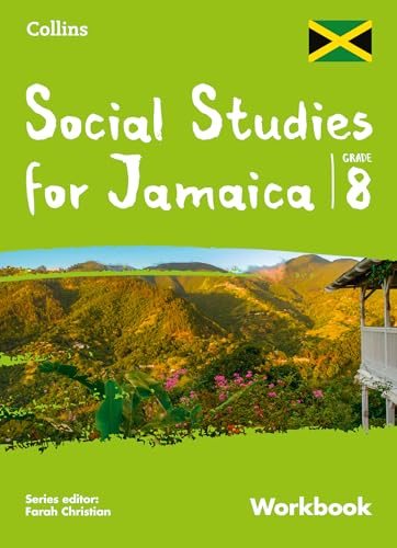 Workbook cover for Jamaican Grade 8 Social Studies with landscape imagery.