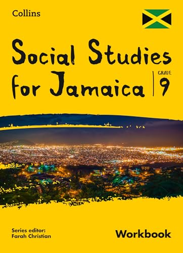Yellow workbook cover for Jamaican Grade 9 Social Studies with city view.