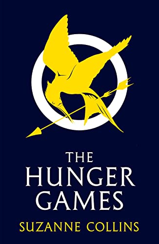 Book cover: golden mockingjay symbol with text "The Hunger Games" below.