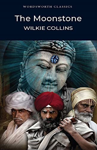 Book cover for The Moonstone featuring a stone Buddha statue and three Indian men.