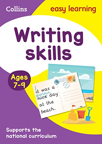 Colourful book cover with writing skills book for ages 7-9 and beach scene.