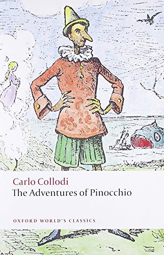 Book cover: Pinocchio in red coat, with text "The Adventures of Pinocchio".