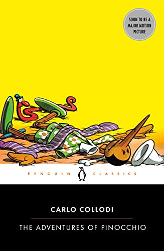 Yellow book cover featuring a cartoon Pinocchio with long limbs.