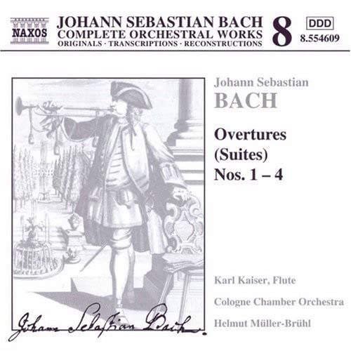 CD cover featuring a historical illustration of a trumpeter and text for Bach’s Orchestral Suites.