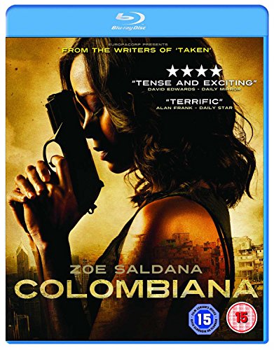 “Colombiana” Blu-ray cover featuring Zoe Saldana holding a gun, city backdrop.