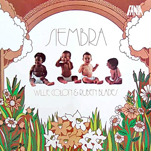 Album cover for “Siembra” featuring four babies and floral illustrations.