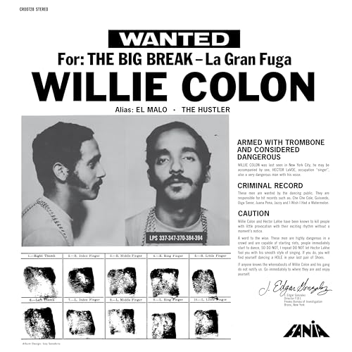 Wanted" poster for Willie Colon’s album “La Gran Fuga” with portrait and fingerprints.