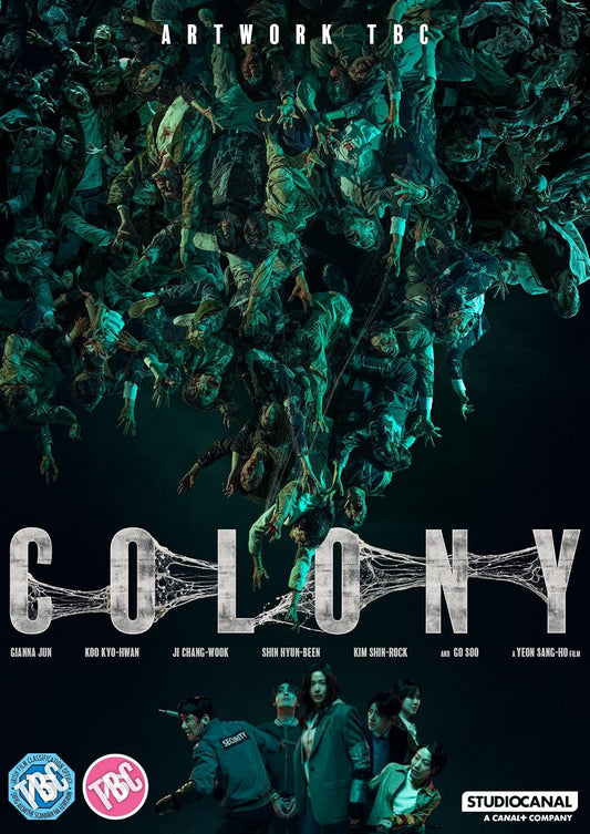 Colony" DVD cover with a crowd of people and a spiderweb design.
