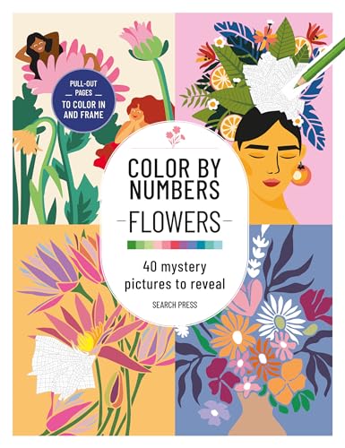 Color by numbers book cover with floral illustrations and diverse figures.