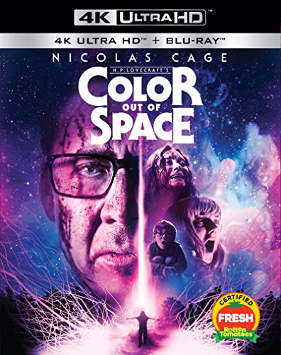 Blu-ray cover featuring Nicolas Cage and others under a purple cosmic glow.