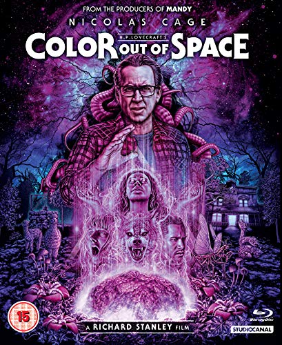 Blu-ray cover art featuring Nicolas Cage surrounded by purple cosmic energy and surreal creatures.