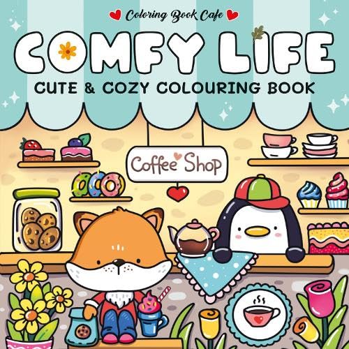 A cute fox and penguin in a coffee shop setting on a coloring book cover.