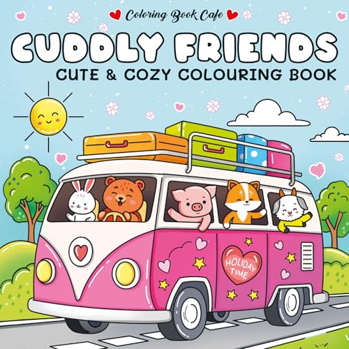 A pink cartoon van filled with cute animals driving on a road under sunshine.