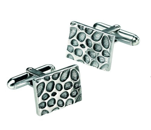 Silver cufflinks with textured, square faces and metal posts.