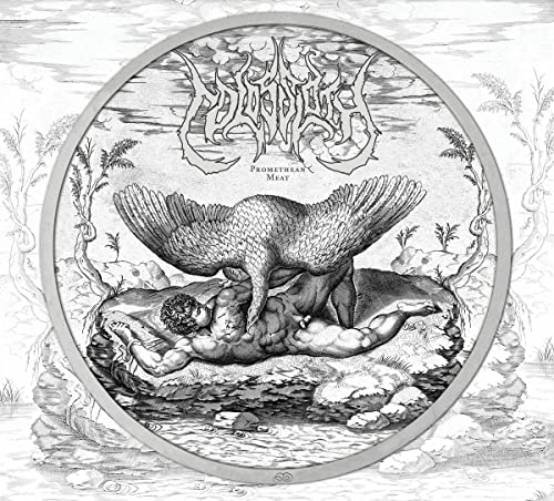 Black and white illustration of a bird preying on a reclining human figure.