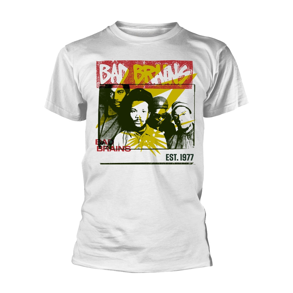 White t-shirt with a graphic of the band Bad Brains and yellow rays.