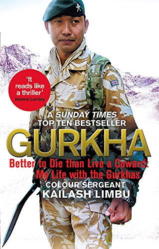 A Gurkha soldier in camouflage uniform holding a kukri knife against a mountain background.